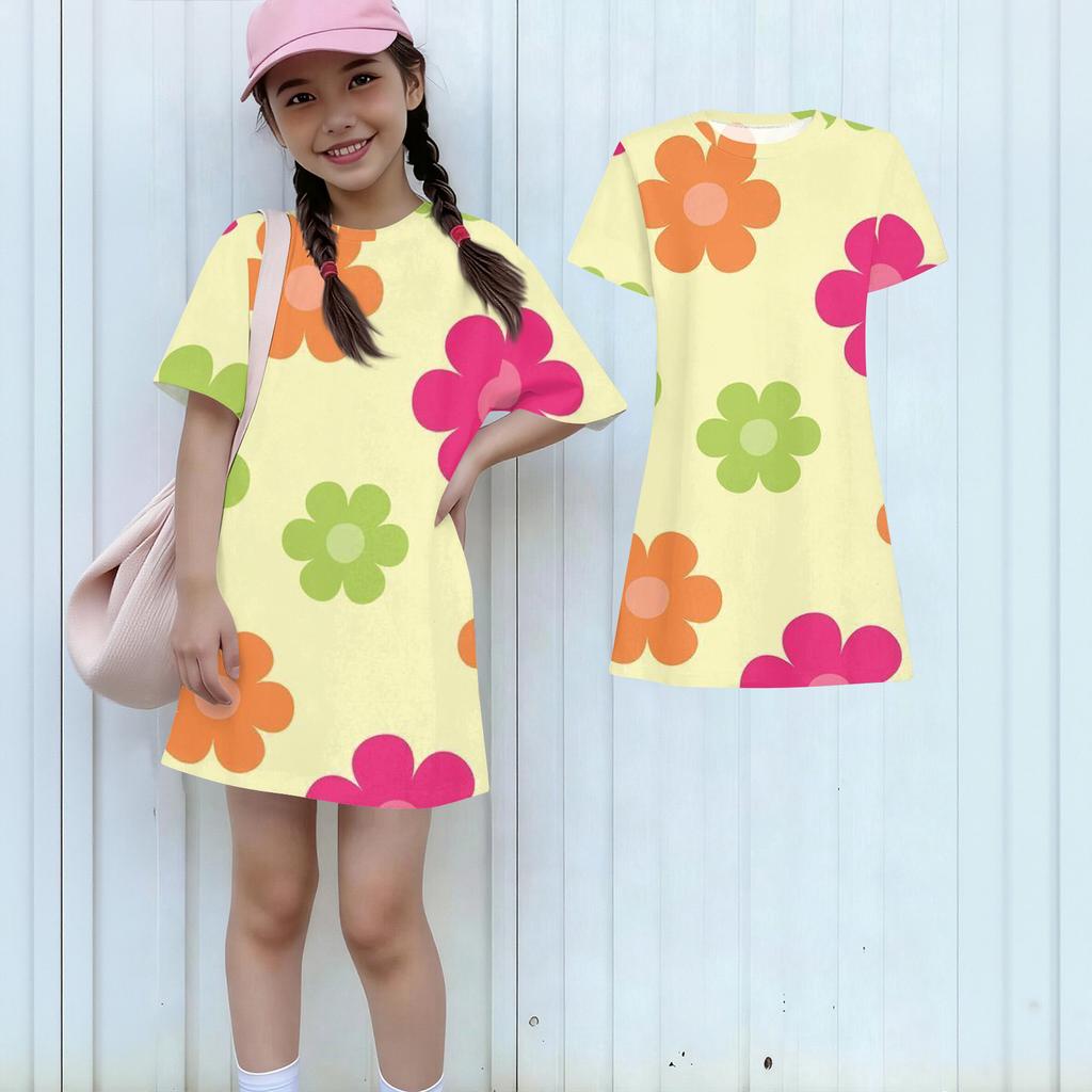 Girls Print Casual Dress Kids Loose Round Neck Short Sleeve Thin Sundress