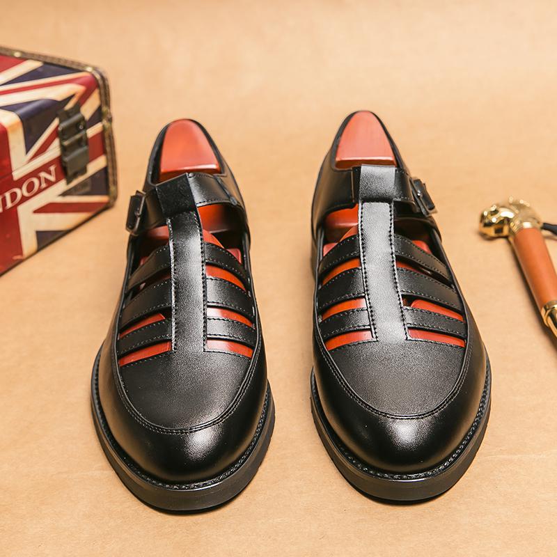 

Leather shoes summer new breathable sandals half drag leather shoes size 38-45 hollow breathable men s leather shoes 45 чорний