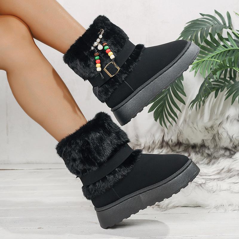 Fashion Retro Fluffy Furry Platform Snow Boots Women Winter Warm Fleece Lined Slip On Ankle Boots Woman Thick Bottom Cotton Padded Shoes