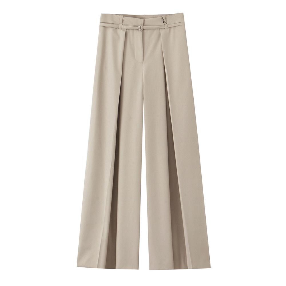 

2025 Spring Women s Casual High-Waisted Pleated Wide-Leg Pants with Belt M хаки