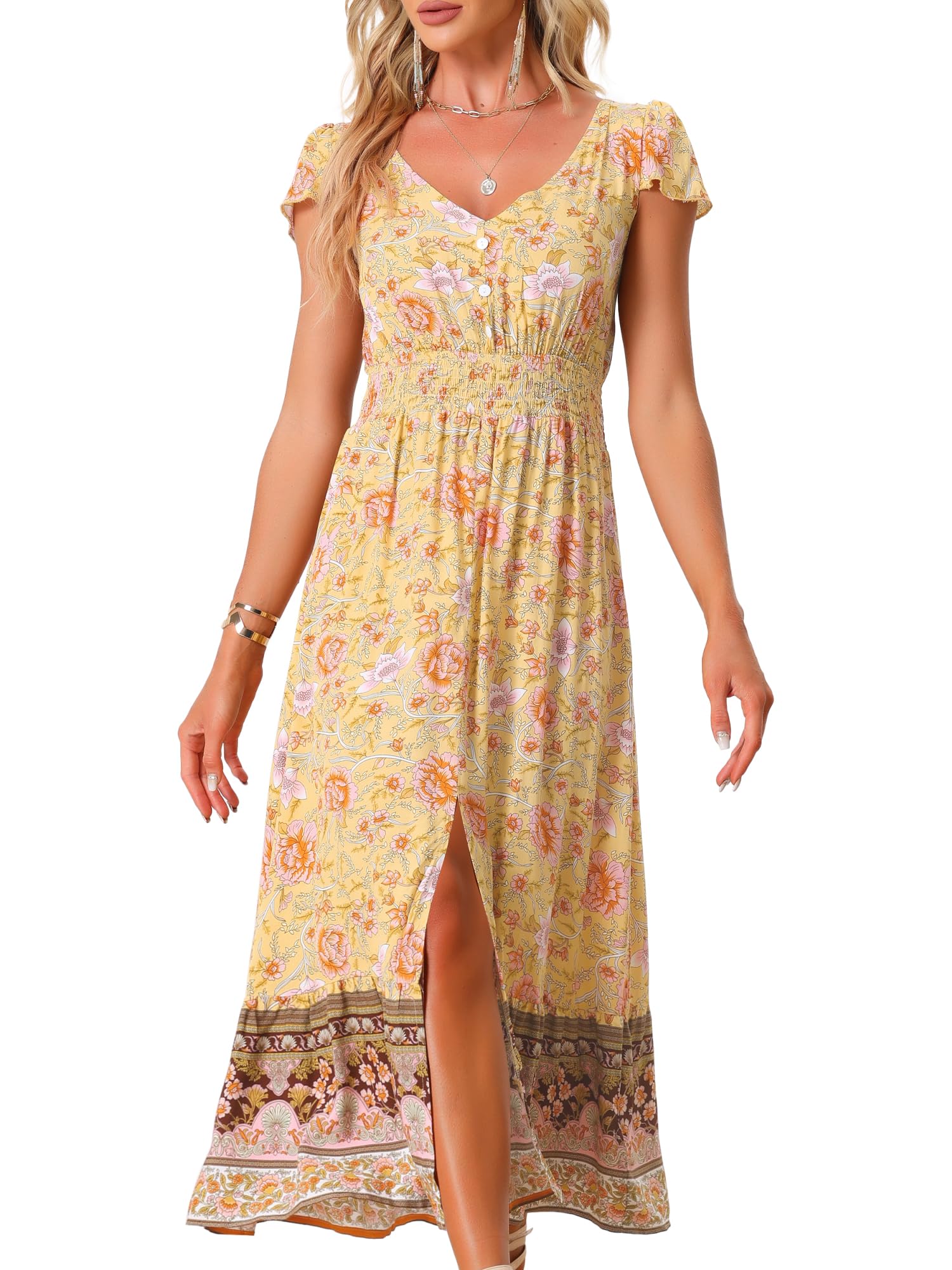 

Allegra K Floral Smocked Waist Backless Dress, Short Sleeve, V-Neck, Long Dress, Women s, Yellow, Size M