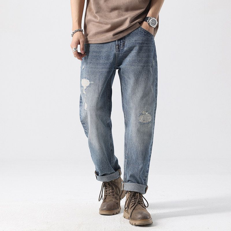 Excess Export Stock American-Style Casual Wide-Leg Cool Denim Jeans for Men, Summer Loose Straight Ripped Trendy Brand Long Pants Blue EUR28