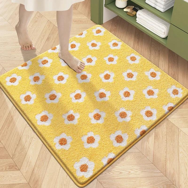 Square Floral Bath Mat, Ultra Plush Absorbent Bathroom Rug, Non-Slip Backing & Soft Touch Surface, Floor Mats for Bathroom Decor
