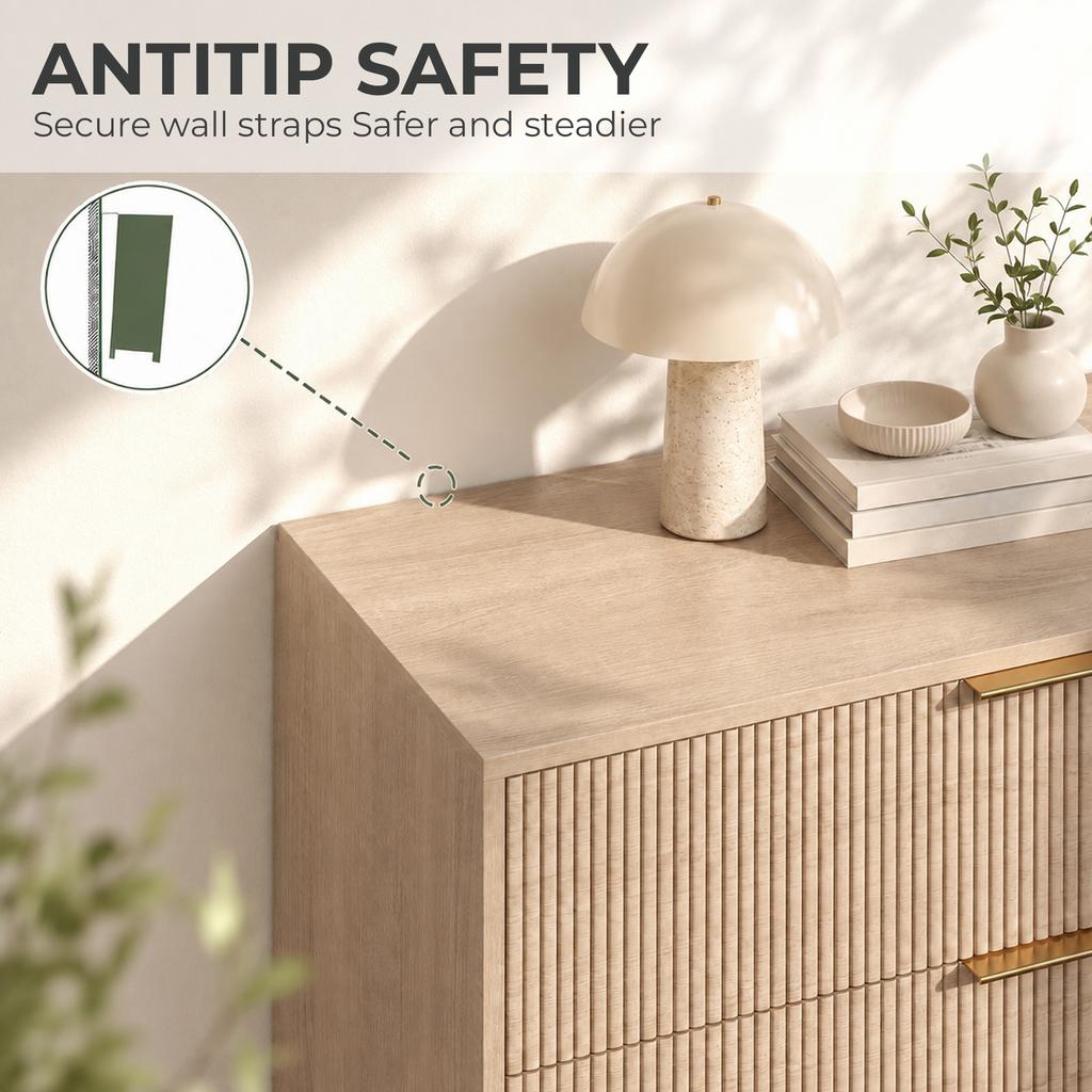 Bedroom Chest of Drawers Fluted Dresser Gold-Tone Handles Natural