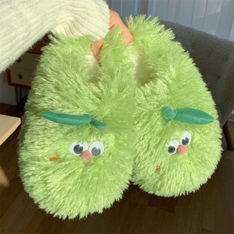 Female winter cute little orange plush cotton slippers warm home indoor confinement soft bottom bag head slippers