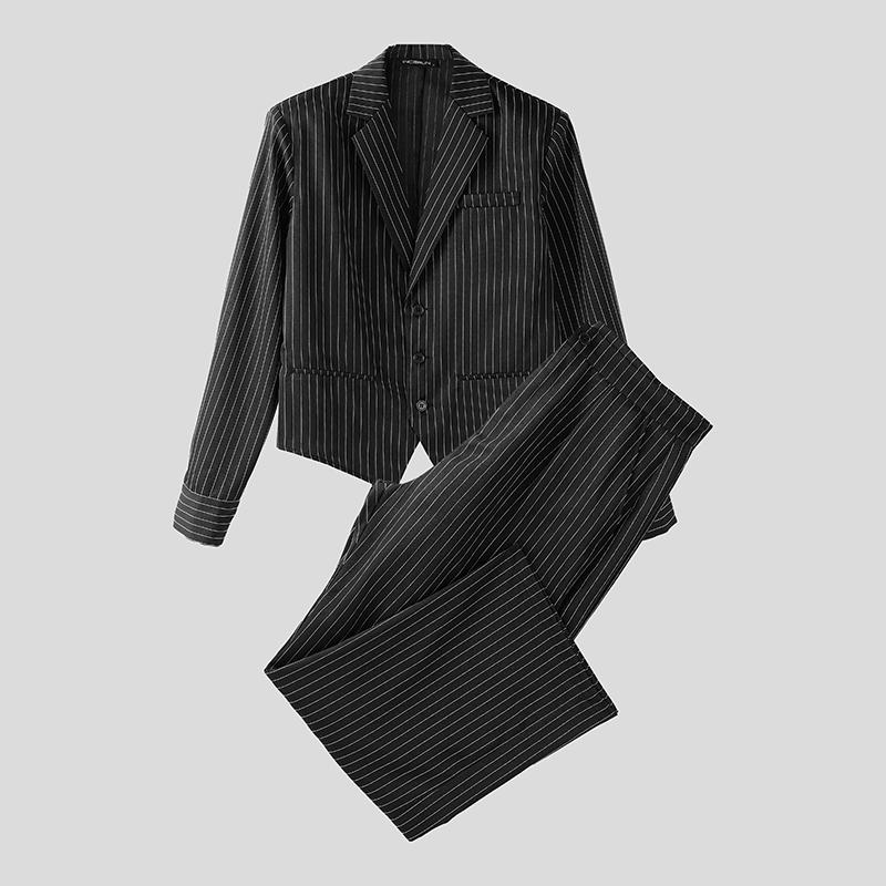 

INCERUN Мужской двубортный укороченный блейзер в полоску с лацканами и длинными рукавами, комплект с длинными костюмными брюками L чёрный