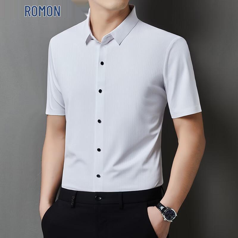 Romon Men's Short Sleeve Jacquard Casual Shirt