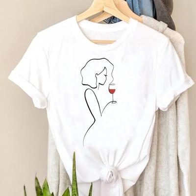 Camisetas Tee Moda Tendência Manga Curta Mulheres Senhoras Camiseta Top Vinho Estilo Tendência Impressão Senhora Impressão Viagem Gráfico T-Shirt