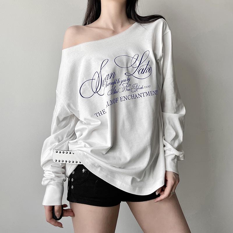 2025 Women's Summer One-Shoulder Loose T-Shirt with Letter Print