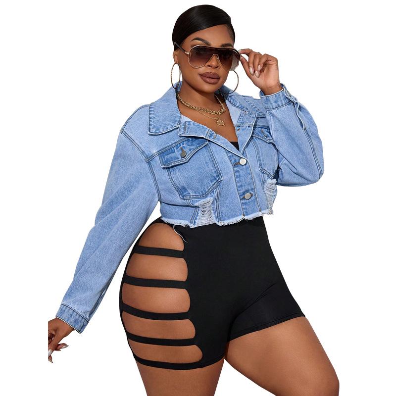 

218709 Plus Size Women s Long Sleeve Ripped Denim Jacket 4XL