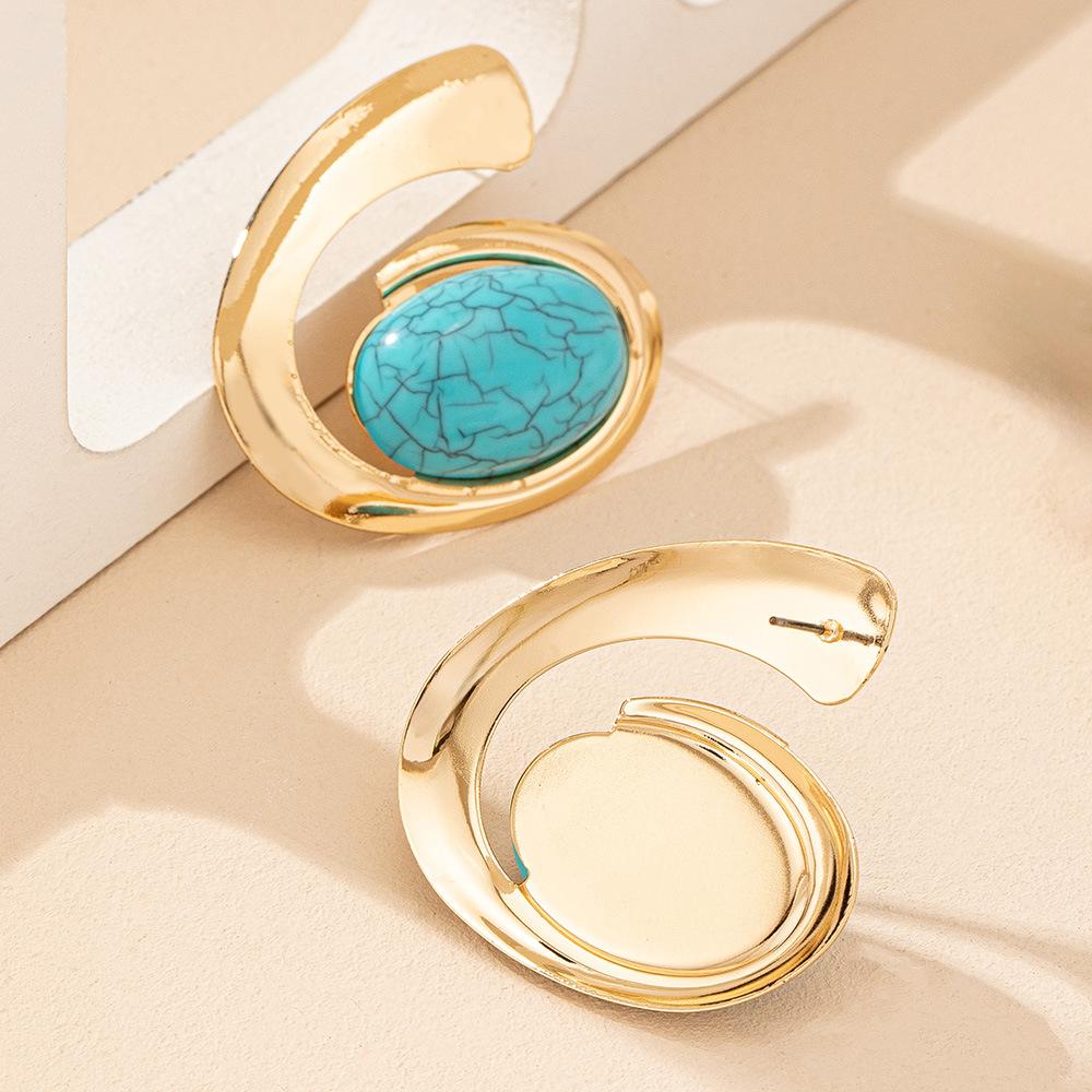 Geometric C-inlaid Turquoise Pearl Stud Earrings Retro Elegance Temperament Earrings