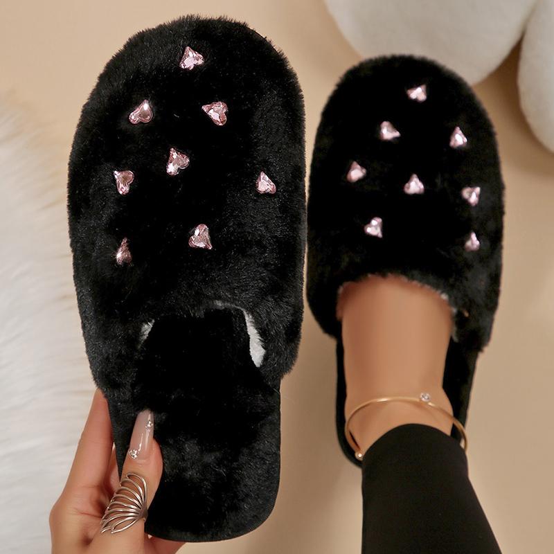 Fashion Fashion Heart Crystal Detor Fur Slippers Women Indoor Slip On Warm Plush Slippers Woman Winter Non Slip Light Cotton Slides Lady