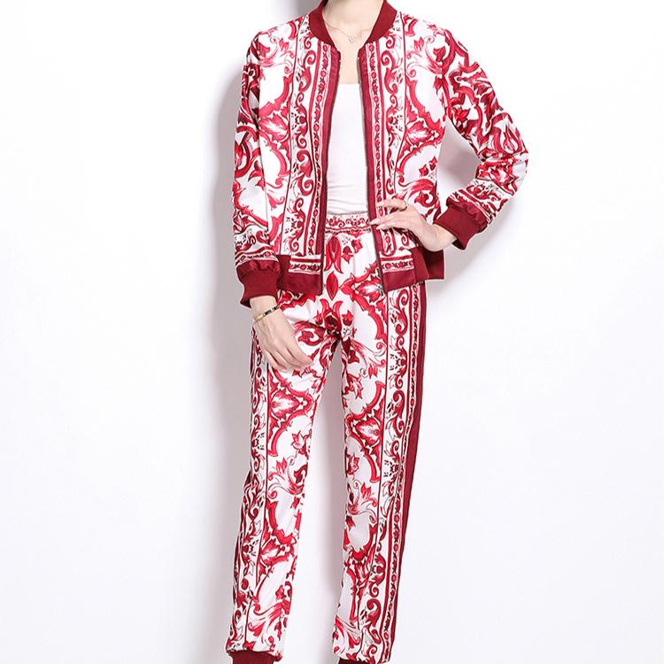 Spring Autumn Fashion Designer Print Runway 2 Piece Set Women Zipper Jacket Coat And Elastic Waist Pocket Pencil Pant Suit