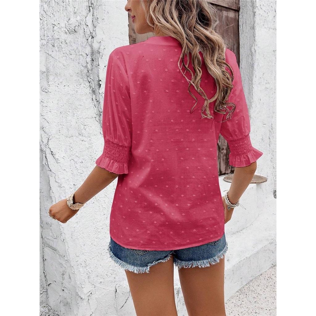 Women's Summer T-shirt Solid Color V-neck Puff Sleeve Hollow T-shirt
