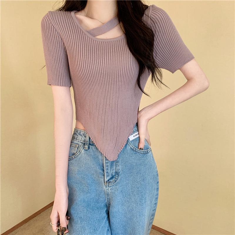 Design Sense Irregular Exposed Collarbone Versatile Chic Short Section Knit Short-sleeved Tops Casual Essential Comfort Style Slim Fit Pullovers Tees