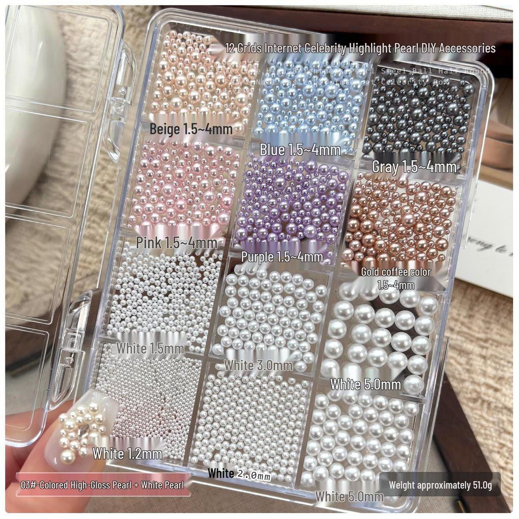 12-Fächer Perlen Nail Art Dekorationen: Stahlperlen in gemischter Größe & flache Halbrund-Strasssteine Weiß, Zubehör