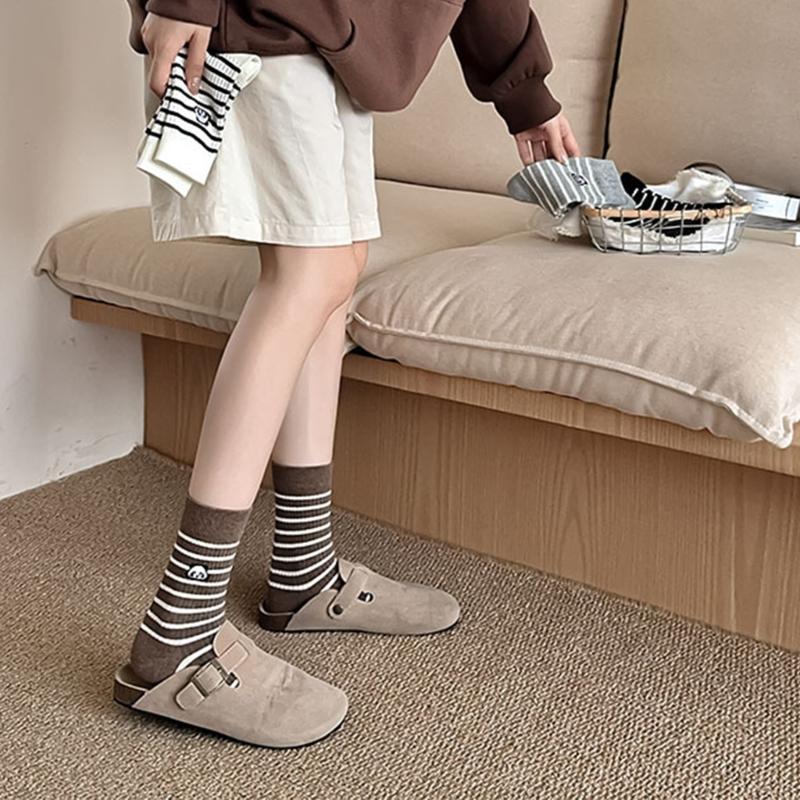 Striped Cotton Crew Socks with Cute Panda Embroidery for Women and Teens Korean Preppy Student Middle Tube Socks Hosiery