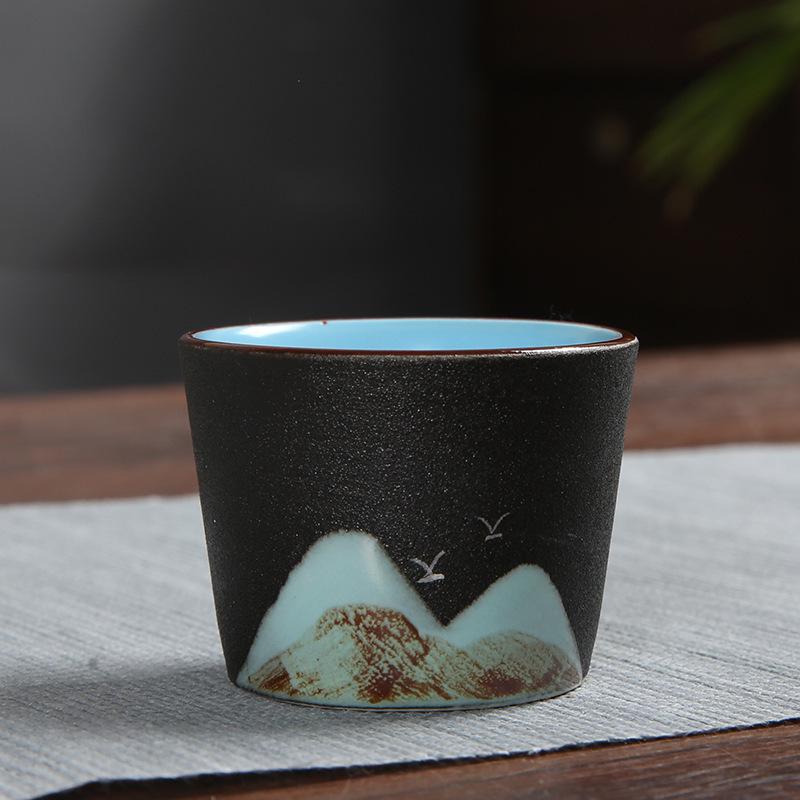 Hand-Painted Black Pottery Zen Tea Cup - Retro Mountain Design, Kung Fu Ceramic Masterpiece for Tea Tasting and Guest Reception.