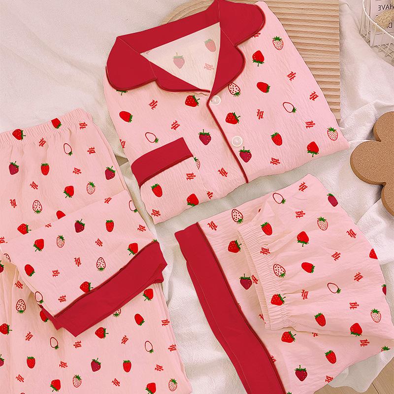 Cloud Cotton Spring Summer Pajamas Women Cute Strawberry Loungewear Summer Short Sleeve Three-Piece Set
