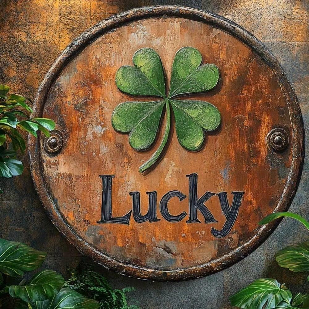 Retro Lucky Four Leaf Clover Round Metal Sign 8x8 Inch Wall Art for Indoor Outdoor Home Kitchen Living Room Decor