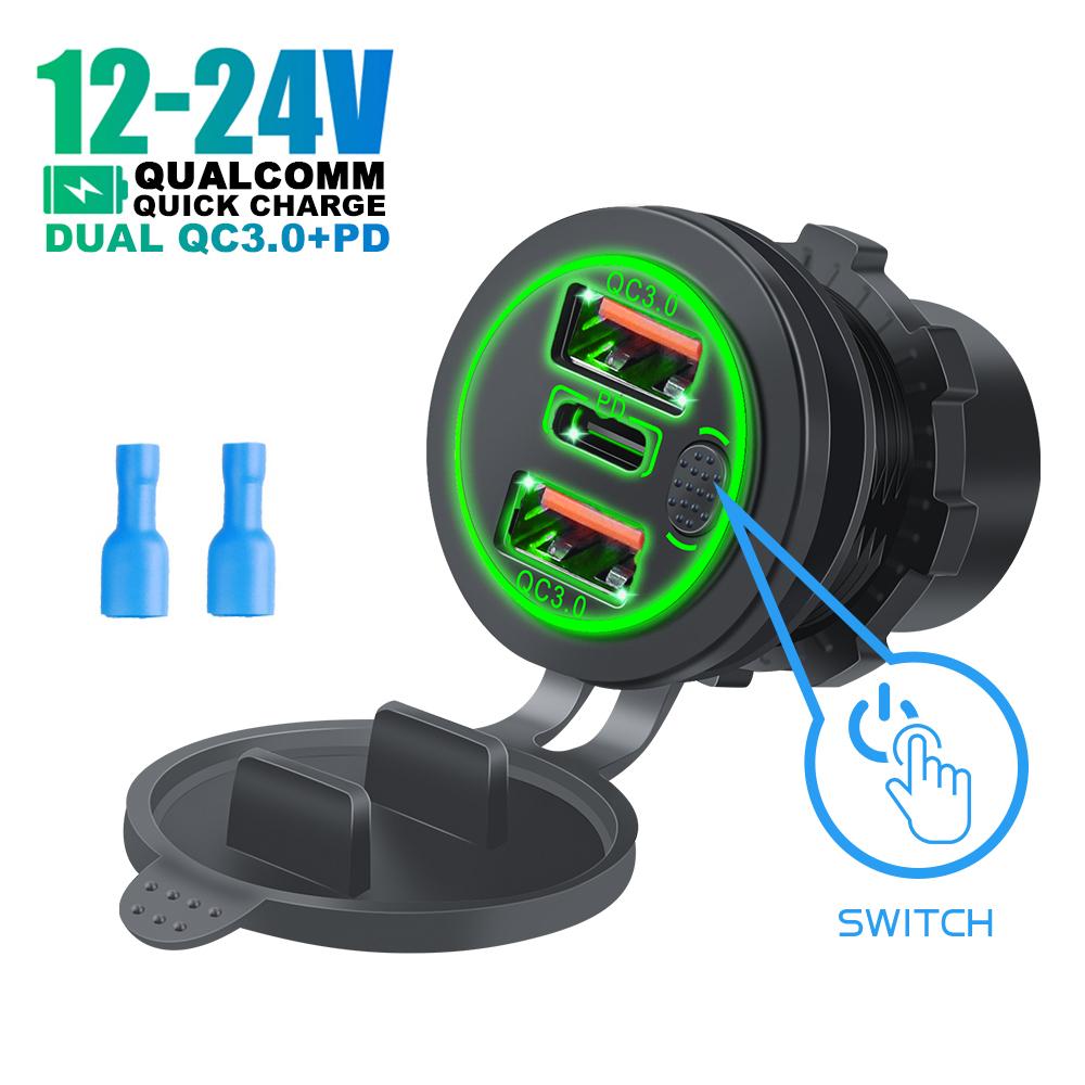 12V/24V Triple Ports 68W USB-C Multiple Car Charger Socket PD3.0 3USB QC3.0 Ports With Touch Switch Fast Car Adapter