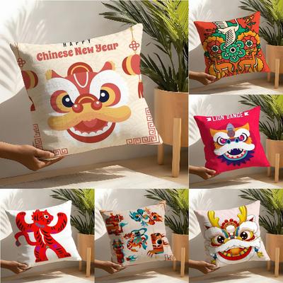 3 Oriental Festive Lion Print Pillow Case Home Living Room Decoration Linen Pillowcover Pillow Cases Cushion Cover