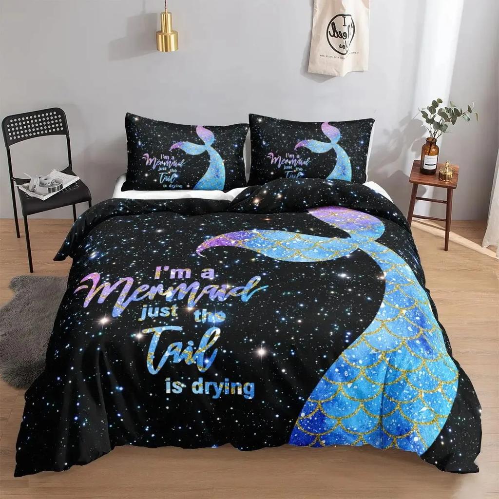 Mermaid Duvet Cover Set,Starfish Blue Undersea Style Dreaming Fairy Tale Bedding Set Girly Comforter Cover Bedroom Decor Gifts