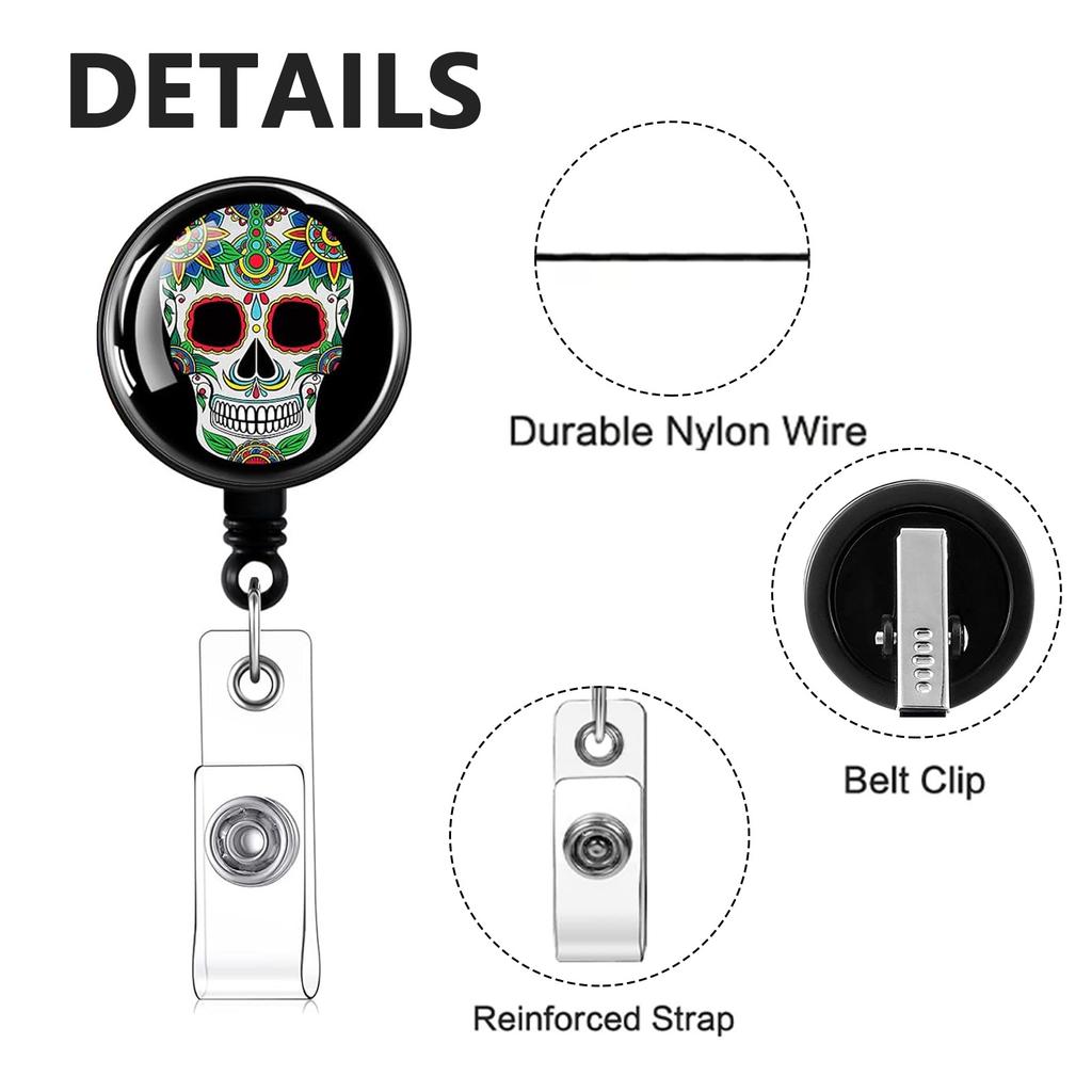 Halloween Skull Badge Reel Holder Clips Retractable Keychain Mexican Day Of The Dead Id Badge Reel Key Chain For Doctor Nurse