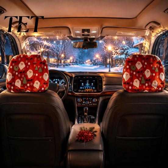 Funny Holiday Car Interior Styling 2Pcs Santa Headrest Covers, Christmas Printed Pillow Cases, Universal Fit Festive Travel Decorations for