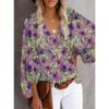 Summer V Neck Printed Lantern Sleeve Loose Fit Shirt
