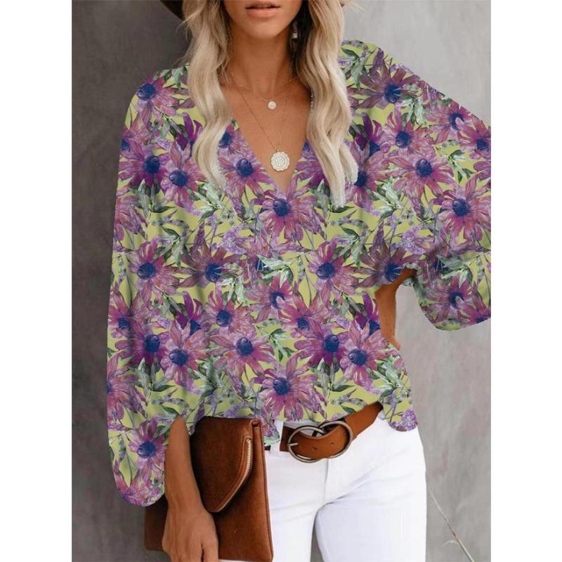 Summer V Neck Printed Lantern Sleeve Loose Fit Shirt