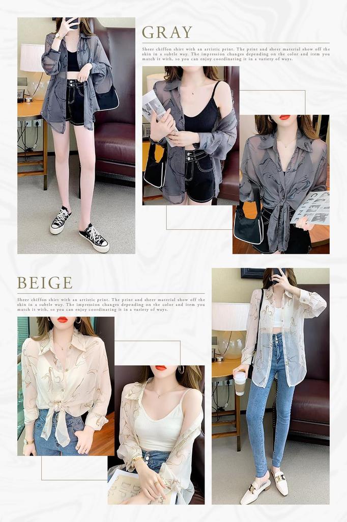 MITOTOMI Sheer Long Sun Loose Fit Women's Shirt, Cardigan, Sleeve, See-Through, Protection, (JP, Alphabet, M, Gray)