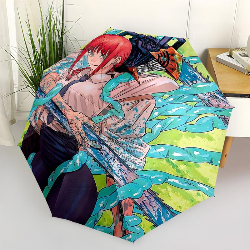 

1pc Outdoor Umbrella with Chainsaw and Redhead Girl Design - Automatic Opening/Closing, Portable 3-Fold Design, 8-Rib Iron Frame - Perfect Gift f