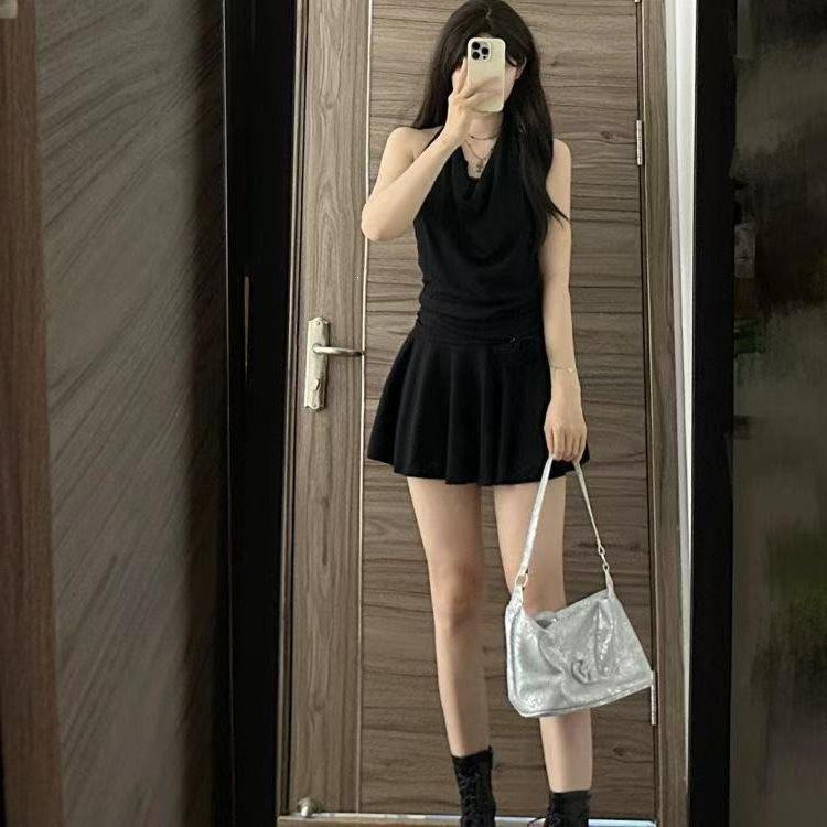 Pure Desire To Hang the Neck Fake Two-piece Lace Dress Women's Summer New Small Man Looking Thin Waist Swing Collar Black Short Skirt