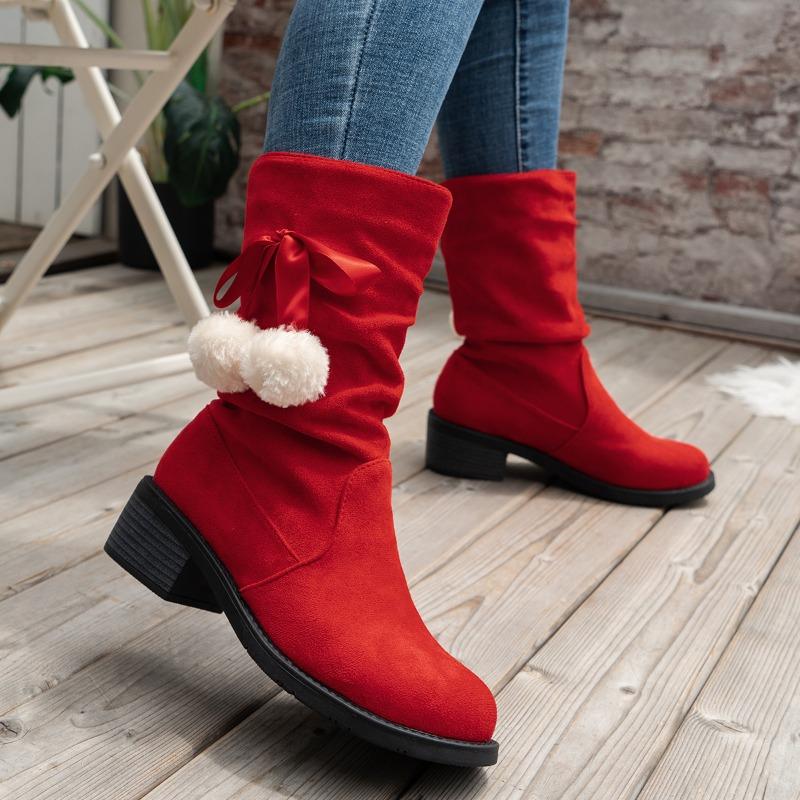 Fashion 2024 Winter Hot Sale Women's Fluffy Bowknot Ball Decor Boots Slip On Casual Chunky Heel Suede Boots Christmas Mid Calf Boots