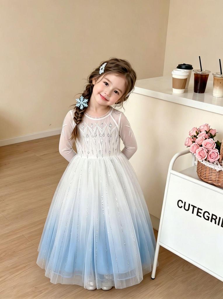 Elsa-Style Embroidered Beaded Girls' Ice Queen Dress: Birthday and Piano Performance Gown