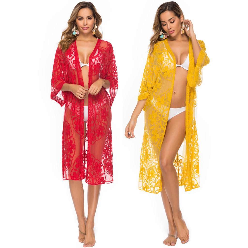 Women's Lace Mesh Bikini Outer Cardigan Plus Size Holiday Style Beach Cover Up Sun Shirt