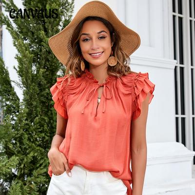 T-Shirt d'été ample à manches à volants pour femme, couleur unie, col en v