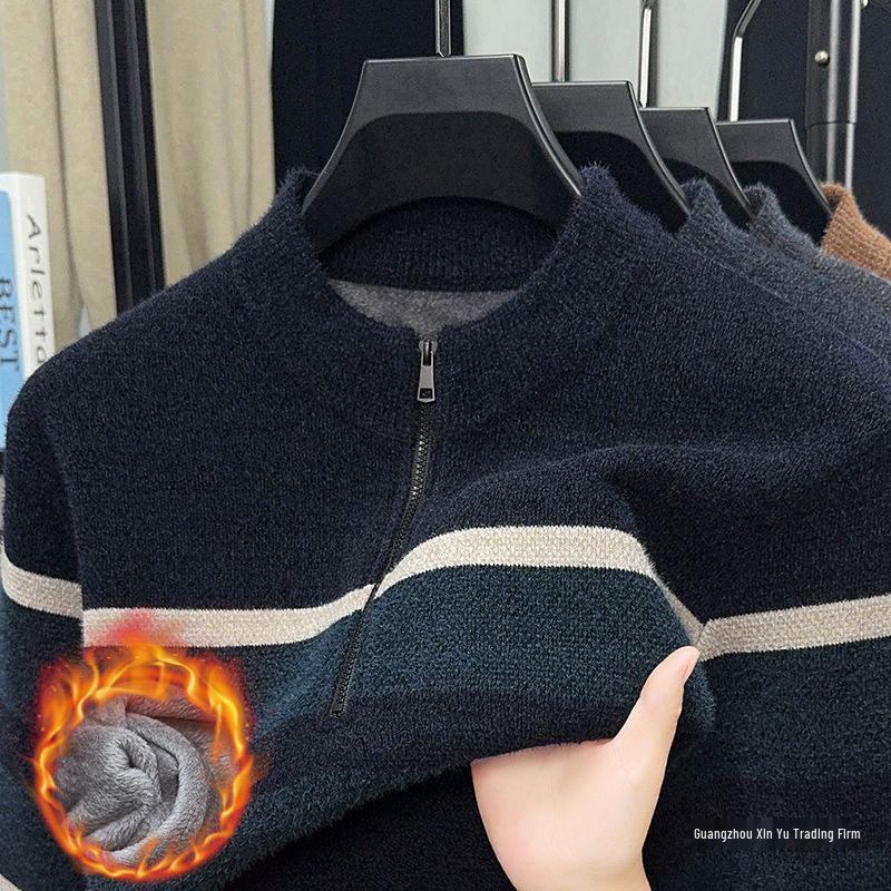 Dad's Warm Winter Knit: Mink Velvet Zipper Sweater, Plus Velvet for Middle-Aged & Elderly Men