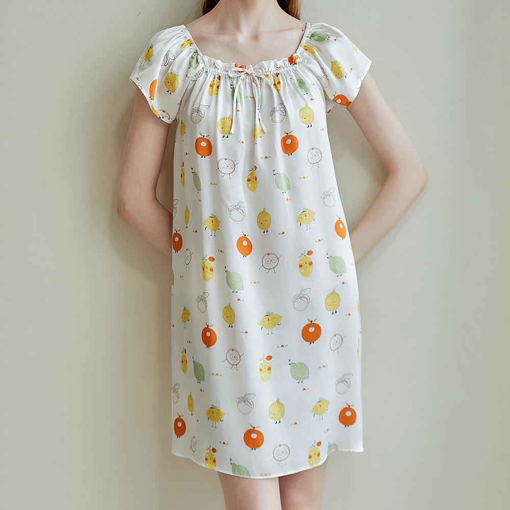 Women's Summer Short Sleeve Printed 100% Mulberry Silk Pajama Dress - Mid-length, Plus Size, Loose-fit Nightgown