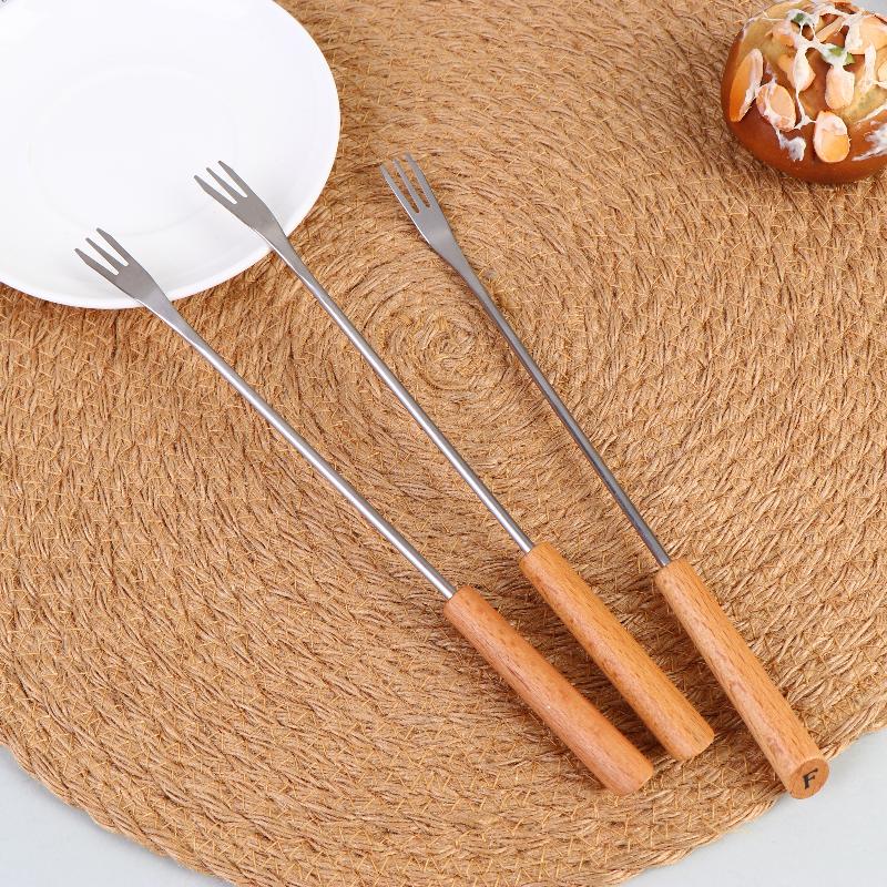 Fondue Fork Set for Chocolate Cheese BBQ Reusable Stainless Steel Wooden Handle Fruit Forks for Party Dipping and Grilling