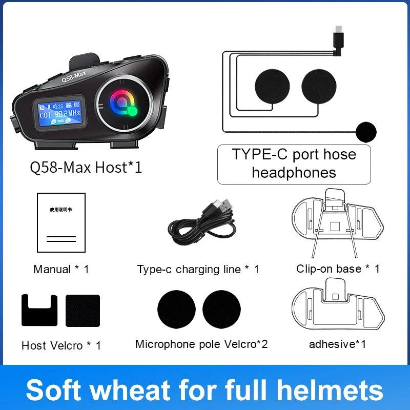 Q58-MAX Motorcycle Helmet Bluetooth Headset Intercom LED Lighting Dual 500M IP65 Rateddeep Waterproof Stereo FM Radio Interphone