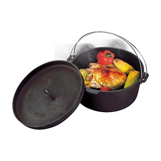 CAPTAIN STAG Dutch Oven Set, Cast Iron, No Seasoning Required, Lid Lifter and Storage Bag Included