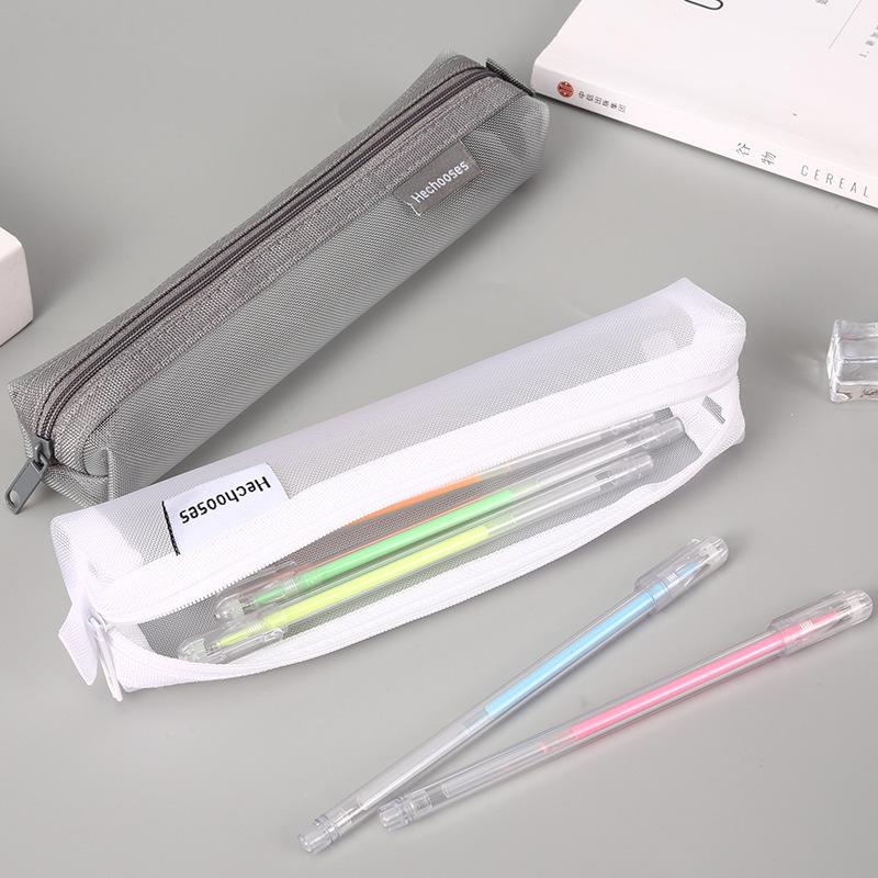 Minimalist Clear Mesh Pen Pouch - Portable, Space-Saving Organizer for Students and Exams, 8.89cm X 6.99cm X 1.27cm, White with Zipper Closure