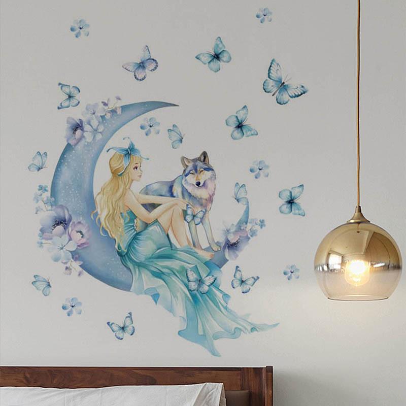 Blue Moon Butterfly Woman Wolf Wall Sticker Self Adhesive Removable PVC Bedroom Living Room Hallway Background Decor