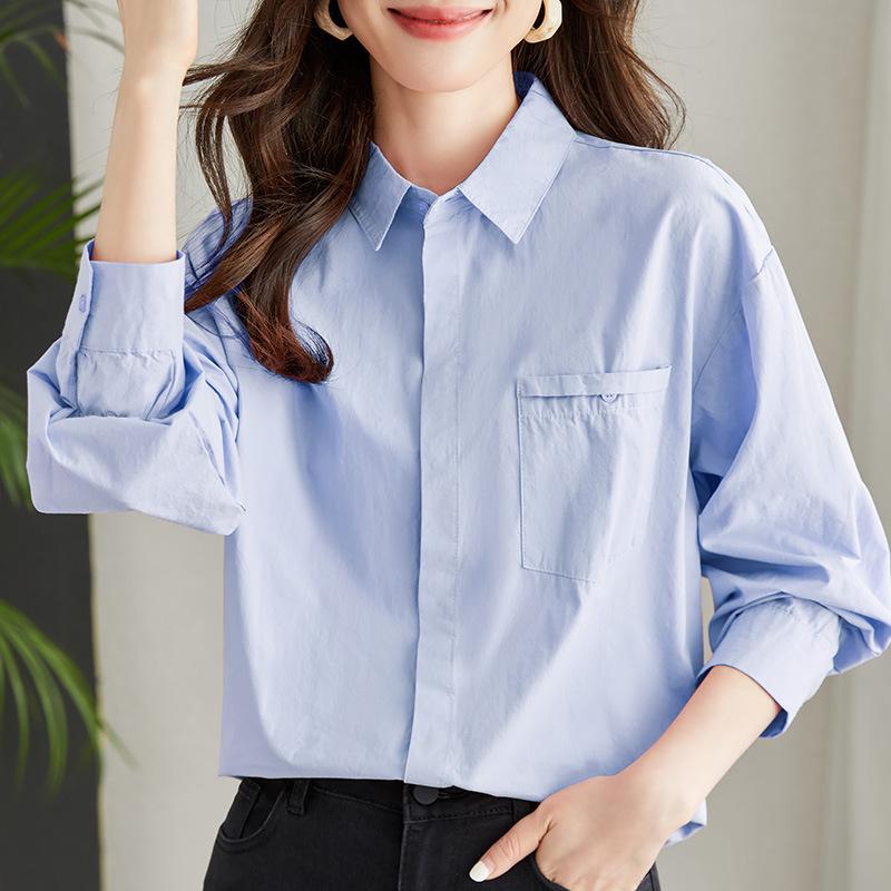 

Весна Новая Женская Рубашка с Длинным Рукавом, Белая, из Чистого Хлопка, Свободного Повседневного Дизайна, Нишевая XXL синий