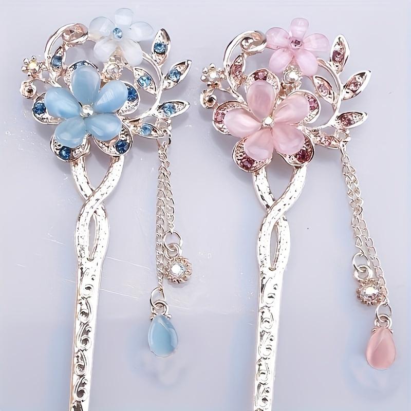 Women's Vintage Cat's Eye Stone Twin Flower Hairpin, Classical Hair Stick, Updo Accessory, Ethnic Style Headpiece, Cat's Eye