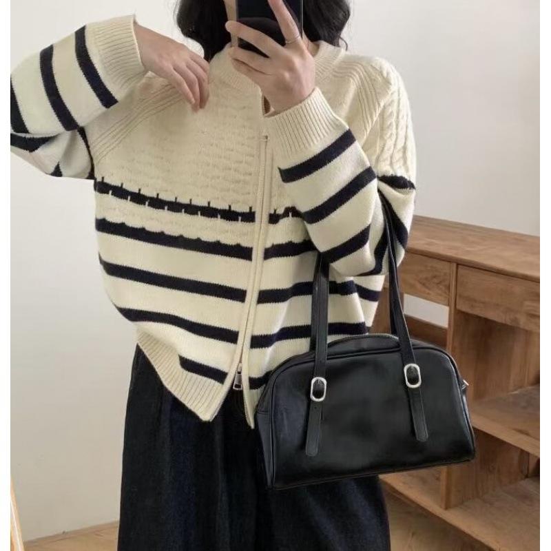 Autumn Winter Contrasting Color Striped Double Zipper Knitted Cardigan Women's Korean Loose Short Long-sleeve Sweater Coat Women