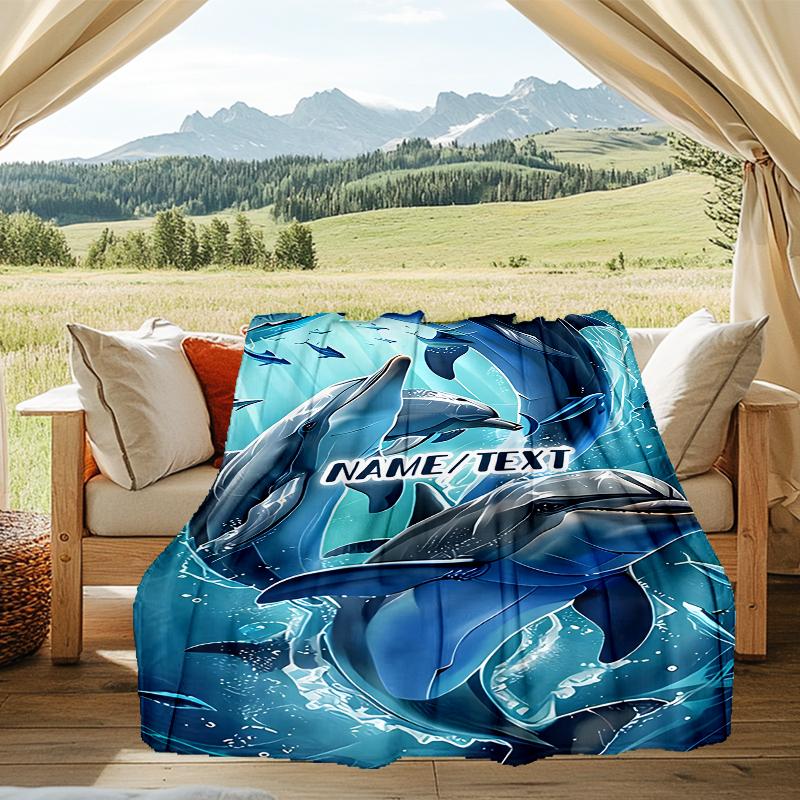 1PC Custom Name Ocean Dolphins Adventure Outdooor Flannel Blankets Throw Blanket All-Season Throw Gift Bedspread for Couch, Bed, Camping Holiday Birth
