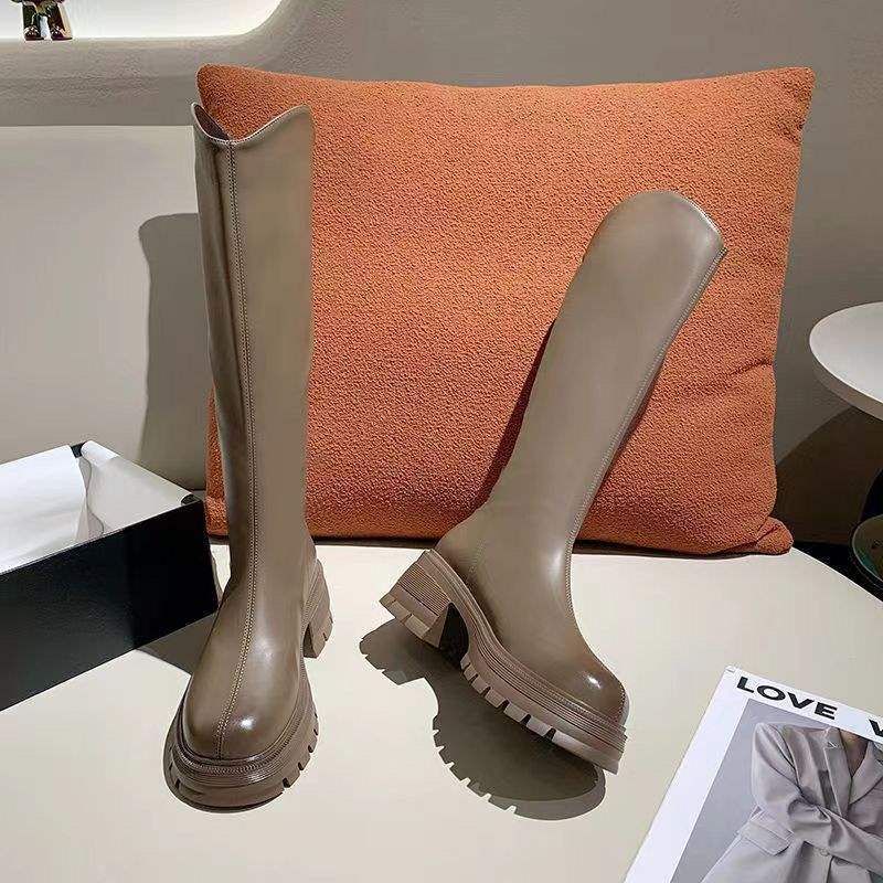 

Ботинки Женские ботинки Осень и Зима 2025 Новые с V-образным вырезом на высоком каблуке на толстой подошве тонкие и высокие, но до колена рыцарские тонкие ботинки 40